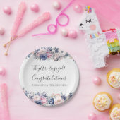 ネイビーブルーピンクフローラ婚約パーティ紙プレート ペーパープレート (パーティー)