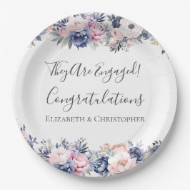 ネイビーブルーピンクフローラ婚約パーティ紙プレート ペーパープレート