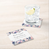 ネイビーブルーピンクフローラ植物学婚約パーティ スクエアペーパーコースター (インサイチュ)