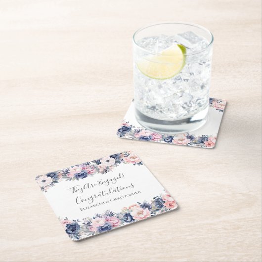 ネイビーブルーピンクフローラ植物学婚約パーティ スクエアペーパーコースター (インサイチュ)