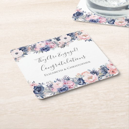 ネイビーブルーピンクフローラ植物学婚約パーティ スクエアペーパーコースター (アングル)