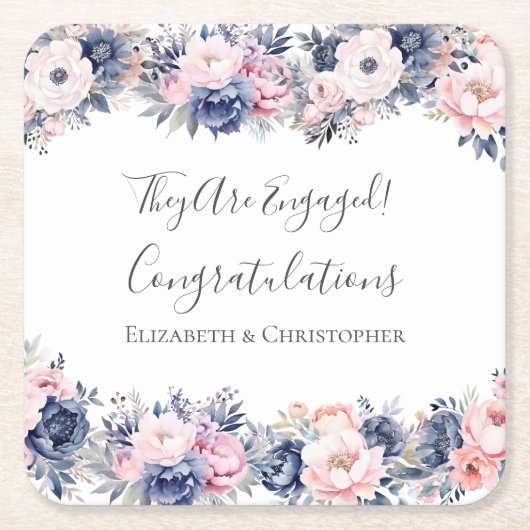 ネイビーブルーピンクフローラ植物学婚約パーティ スクエアペーパーコースター (正面)