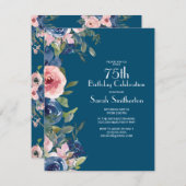 ネイビーブルーピンクフローラ葉グリーン誕生日75 招待状 (正面/裏面)