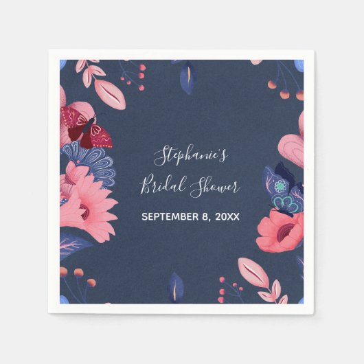 ネイビーブルーピンクフローラ蝶ブライダルシャワー スタンダードカクテルナプキン (正面)