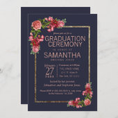 ネイビーブルーピンクフローラ金ゴールド卒業式 招待状 (正面/裏面)