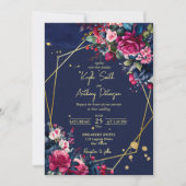 ネイビーブルーピンクブルゴーニュバラ結婚ズテンプレート 招待状 (正面)