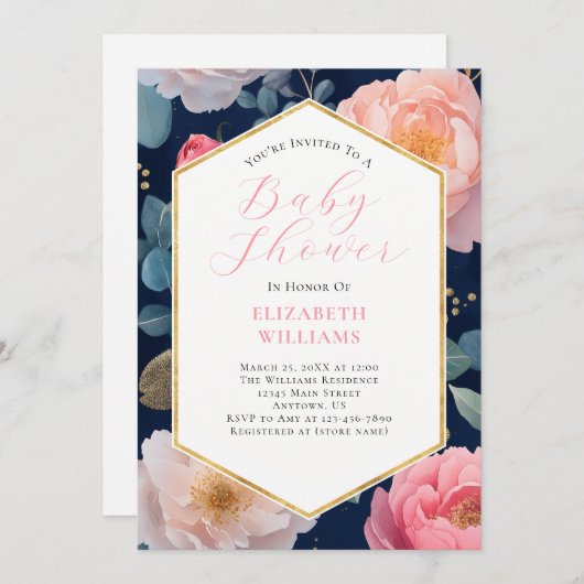 ネイビーブルーピンクプニーズベビーシャワー招待状 招待状 (正面/裏面)