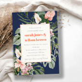 ネイビーブルーピンクボホ熱帯フローラカップルのシャワー 招待状