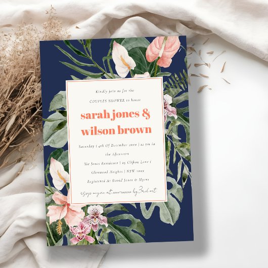 ネイビーブルーピンクボホ熱帯フローラカップルのシャワー 招待状