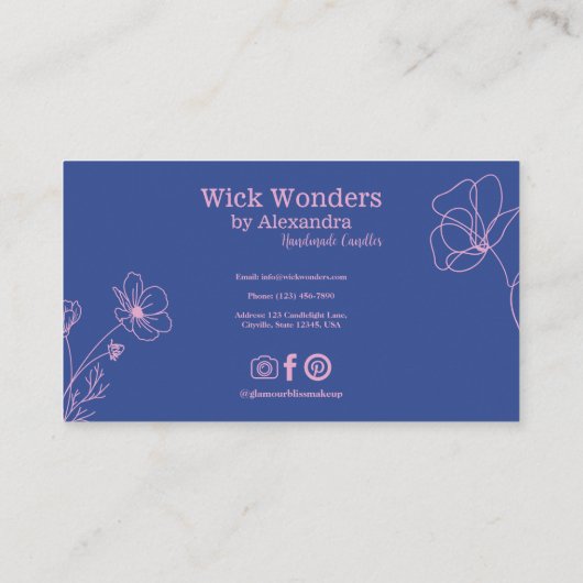 ネイビーブルーピンクミニマルキャンドルメーカー 名刺 (裏面)