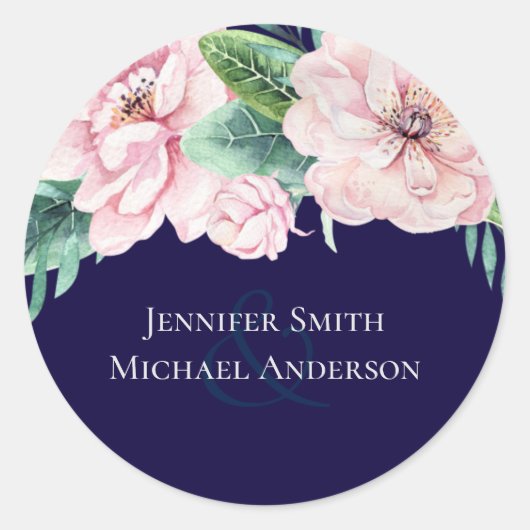 ネイビーブルーピンクモダンフローラ結婚ズ予算 ラウンドシール (正面)