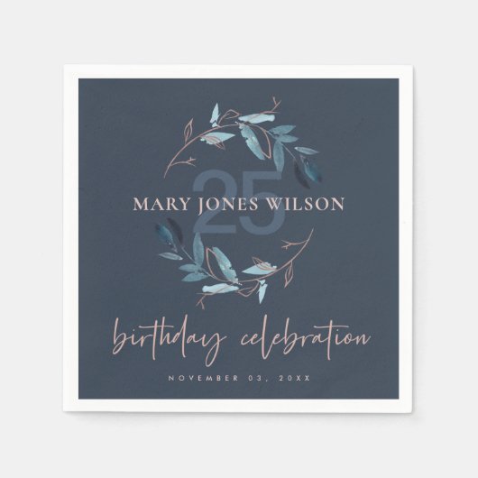 ネイビーブルーピンクリース任意の年齢25誕生日 スタンダードカクテルナプキン (正面)