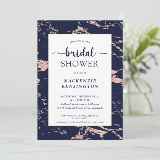 ネイビーブルーピンクローズゴールドフォイルマーブルブライダルシャワー 招待状 (スタンド正面)