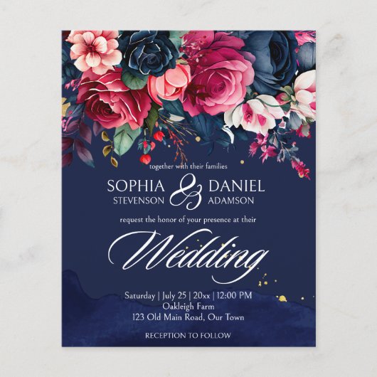 ネイビーブルーピンクローズ結婚式招待状テンプレート (正面)
