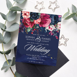 ネイビーブルーピンクローズ結婚式招待状テンプレート