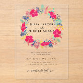 ネイビーブルーピンクワイルドレインフォレストエバーグリーン結婚ズ アクリル招待状 (正面)