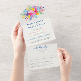 ネイビーブルーピンクワイルドレインフォレストエバーグリーン結婚ズ オールインワン招待状