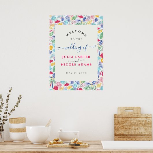 ネイビーブルーピンクワイルドレインフォレストエバーグリーン結婚ズ ポスター (キッチン)