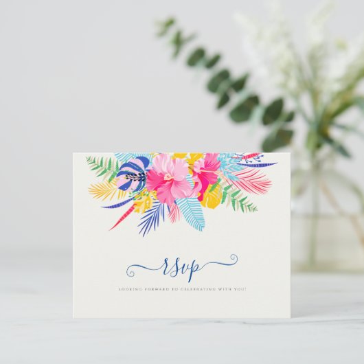 ネイビーブルーピンクワイルドレインフォレストエバーグリーン結婚ズ ポストカード (スタンド正面)