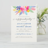 ネイビーブルーピンクワイルドレインフォレスト婚約パーティ 招待状 (スタンド正面)
