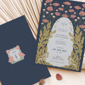 ネイビーブルーピンクヴィンテージアールヌーボー結婚フローラ 招待状