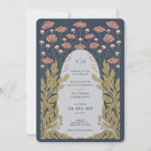 ネイビーブルーピンクヴィンテージアールヌーボー結婚フローラ 招待状 (正面)