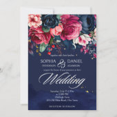 ネイビーブルーピンクヴィンテージバラ結婚ズテンプレート 招待状 (正面)