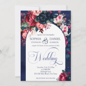 ネイビーブルーピンクヴィンテージ結婚バラズモダンアーチ 招待状 (正面)