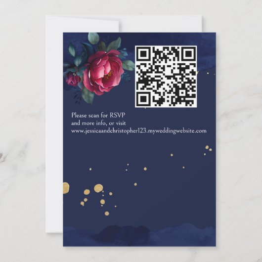 ネイビーブルーピンクヴィンテージ結婚バラズモダンアーチ 招待状 (裏面)