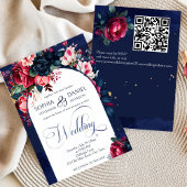 ネイビーブルーピンクヴィンテージ結婚バラズモダンアーチ 招待状
