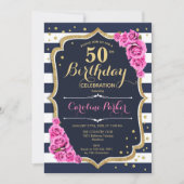 ネイビーブルーピンク写真50誕生日 招待状 (正面)