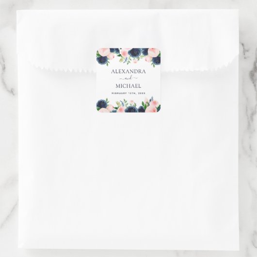 ネイビーブルーピンク水色フローラ結婚ズシール スクエアシール (バッグ)