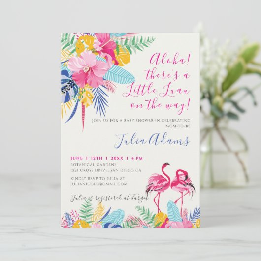 ネイビーブルーピンク熱帯野生の森の赤ちゃんシャワー 招待状 (スタンド正面)