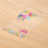 ネイビーブルーピンク熱帯雨林結婚の アクリル招待状 (レイダウン)