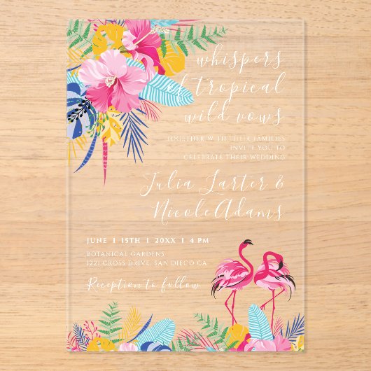 ネイビーブルーピンク熱帯雨林結婚の アクリル招待状 (正面)