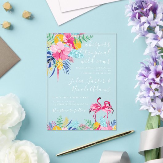 ネイビーブルーピンク熱帯雨林結婚の アクリル招待状 (インサイチュ (ウェディング))