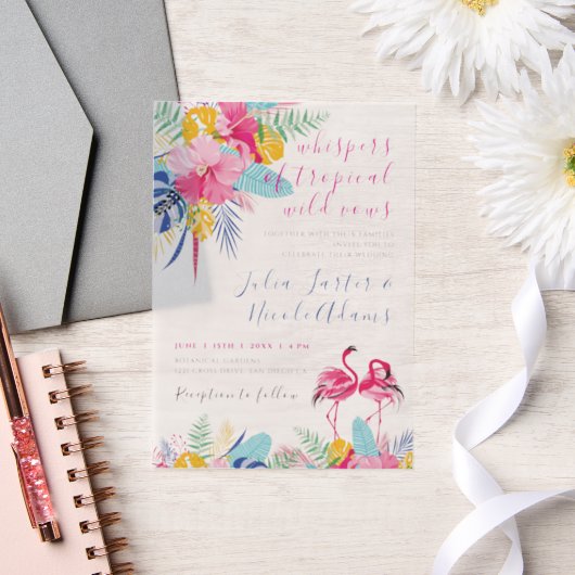 ネイビーブルーピンク熱帯雨林結婚の ベラム紙招待状 (ウェディング)