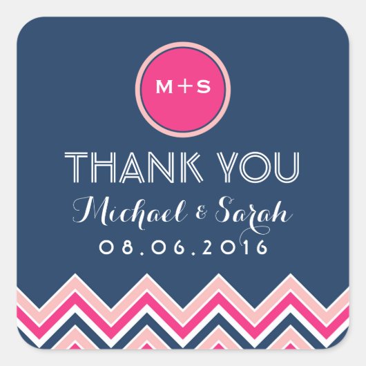 ネイビーブルーピンク結婚シボロンありがとうステッカー スクエアシール (正面)