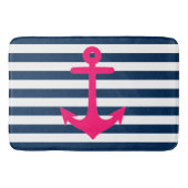 ネイビーブルーピンク航海のいかりストライプ バスマット (正面)