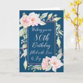 ネイビーブルーピンク花ハッピー80誕生日カード カード (黄色い花)