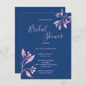 ネイビーブルーピンク花模様ブライダルシャワー招待 ポストカード (正面/裏面)
