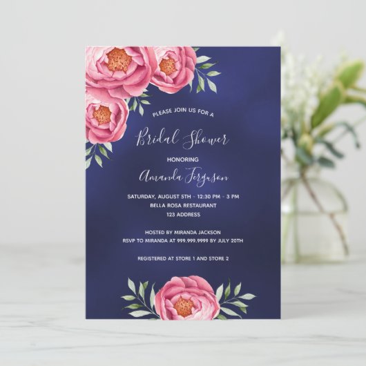 ネイビーブルーピンク花模様ブライダルシャワー 招待状 (スタンド正面)
