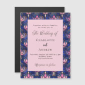 ネイビーブルーピンク花模様レトロ結婚ラグジュアリー マグネット招待状 (正面/裏面)