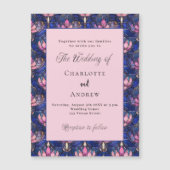 ネイビーブルーピンク花模様レトロ結婚ラグジュアリー マグネット招待状 (正面)