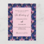 ネイビーブルーピンク花模様レトロ結婚ーズ インビテーションポストカード (正面)