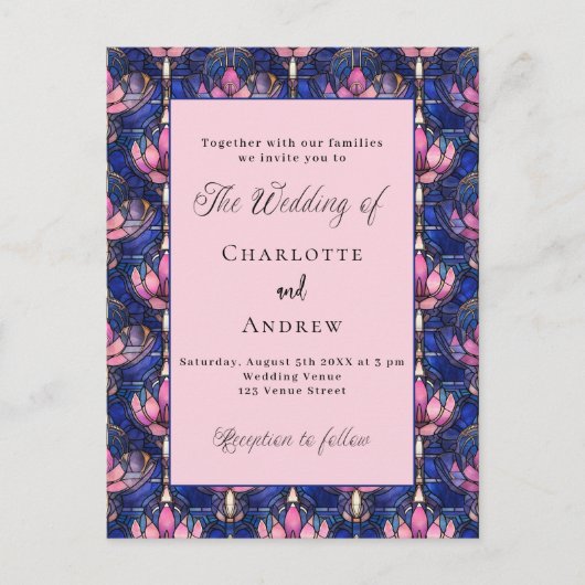 ネイビーブルーピンク花模様レトロ結婚ーズ インビテーションポストカード (正面)