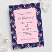 ネイビーブルーピンク花模様レトロ結婚ーズ インビテーションポストカード