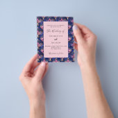 ネイビーブルーピンク花模様レトロ結婚式招待状 チラシ (手)