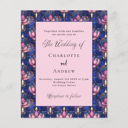 ネイビーブルーピンク花模様レトロ結婚式招待状 チラシ (正面)