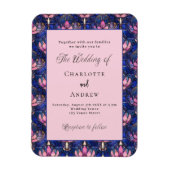 ネイビーブルーピンク花模様レトロ結婚式招待状 マグネット (縦)